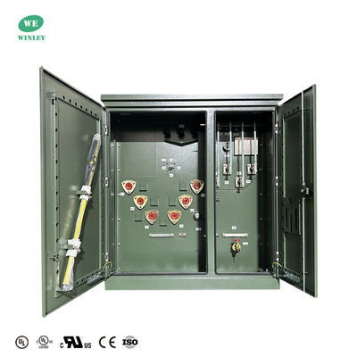 หม้อแปลงไฟฟ้าแบบติดตั้งบนพื้นดิน 3 เฟส, แช่น้ำมัน, สำหรับการจ่ายไฟ 150kva  12470v ถึง 208v, ตามมาตรฐาน Ansi Ieee พร้อมใบรับรอง Ul