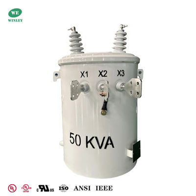 UL รายการ 50kva Single Phase Pole Mounted Transformer 4160V ถึง 240V 480V มาตรฐาน IEEE ANSI